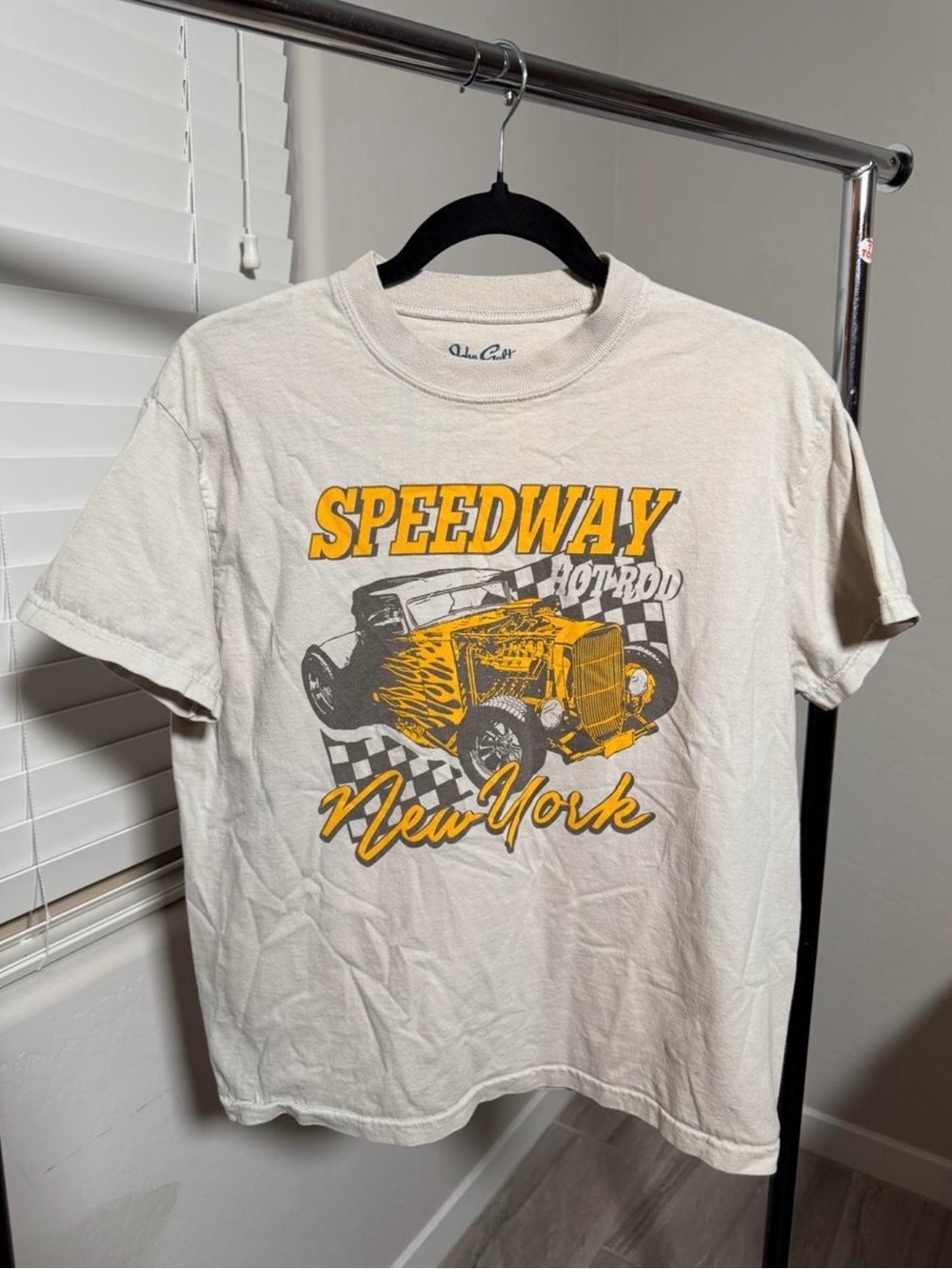 Brandy Melville Cream Speedway New York Graphic Tee with Yellow Accent